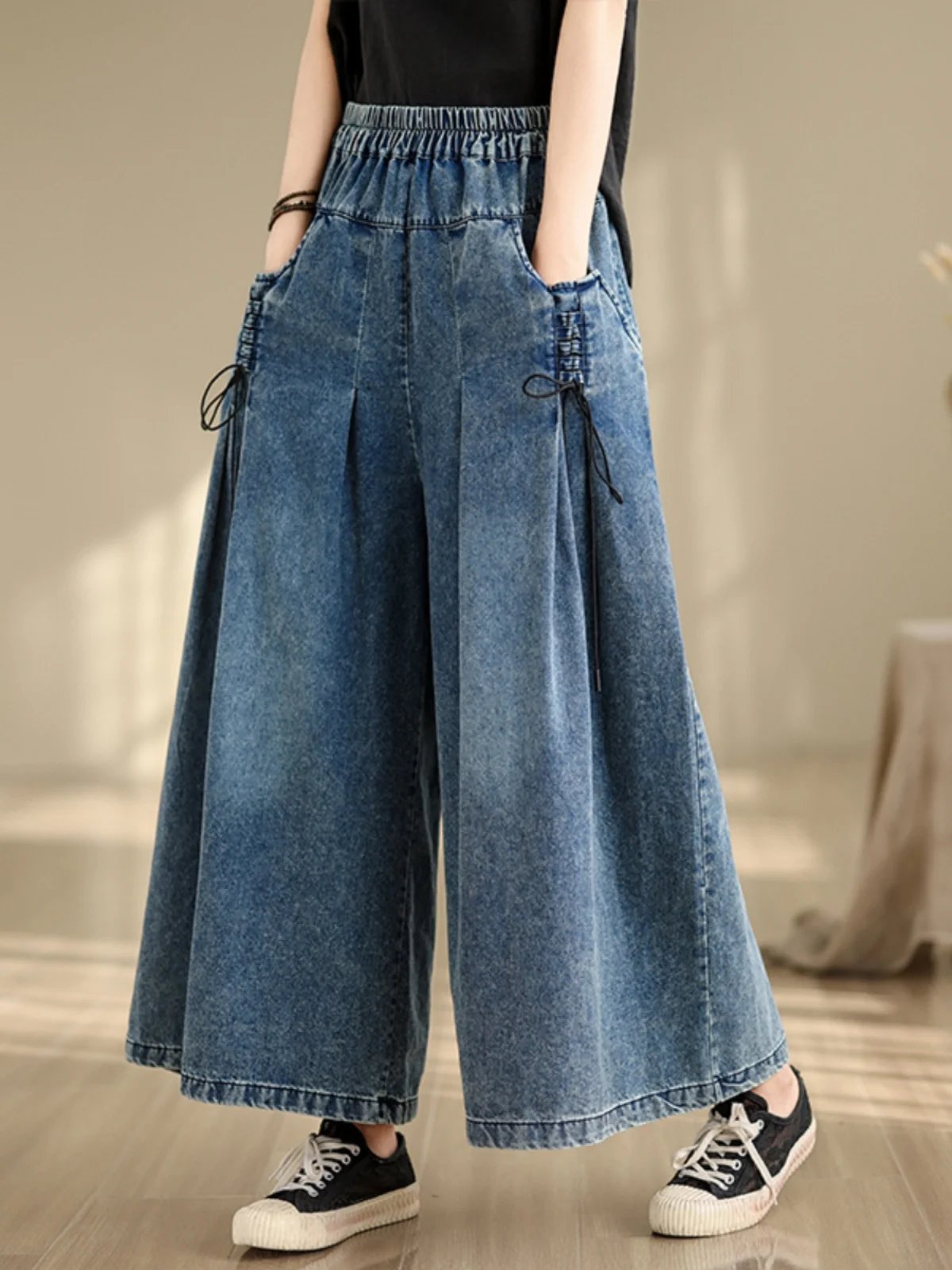 

Женские джинсы больших размеров с эластичной резинкой на талии, прямые брюки, повседневные универсальные весенние новые синие джинсовые широкие брюки