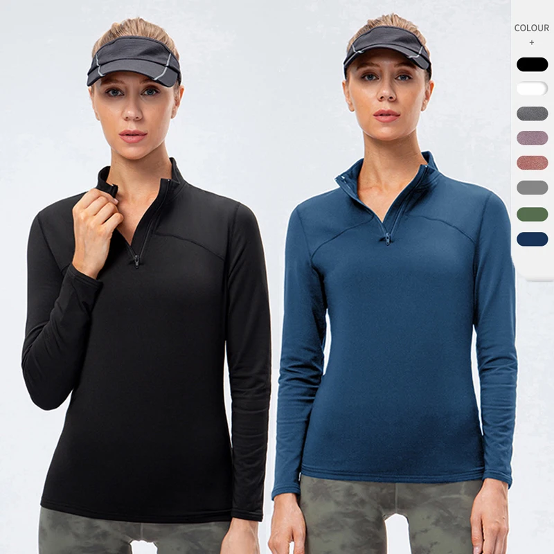 Women Thermal Tennis Shirts Winter Long Sleeve Sports Top Zipper Collar V-Neck Yoga Shirt Lady Slim Warm Workout Gym Sportswear