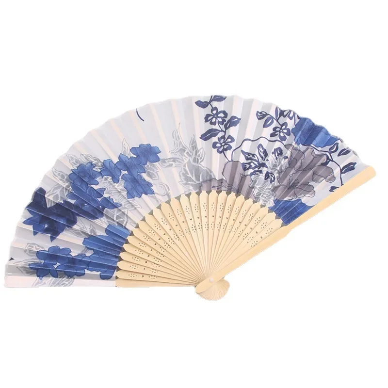 Chinês Japonês Seda Ventilador Dobrável, Retro Bambu Hand-Held Flor Fan