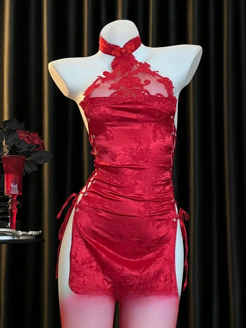 

Chinese-Style Retro Red Printed Cheongsam,Sexy and Seductive Home Date Lingerie for Women,Hot and Playful Pajamas,Pure Desire