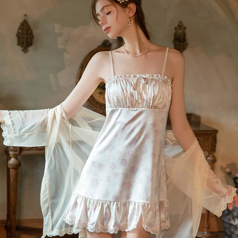 

Комплект из сетчатого халата и ночного платья: сексуальное ночное платье с принтом на бретельках, домашнее платье, летняя одежда для сна, неглиже