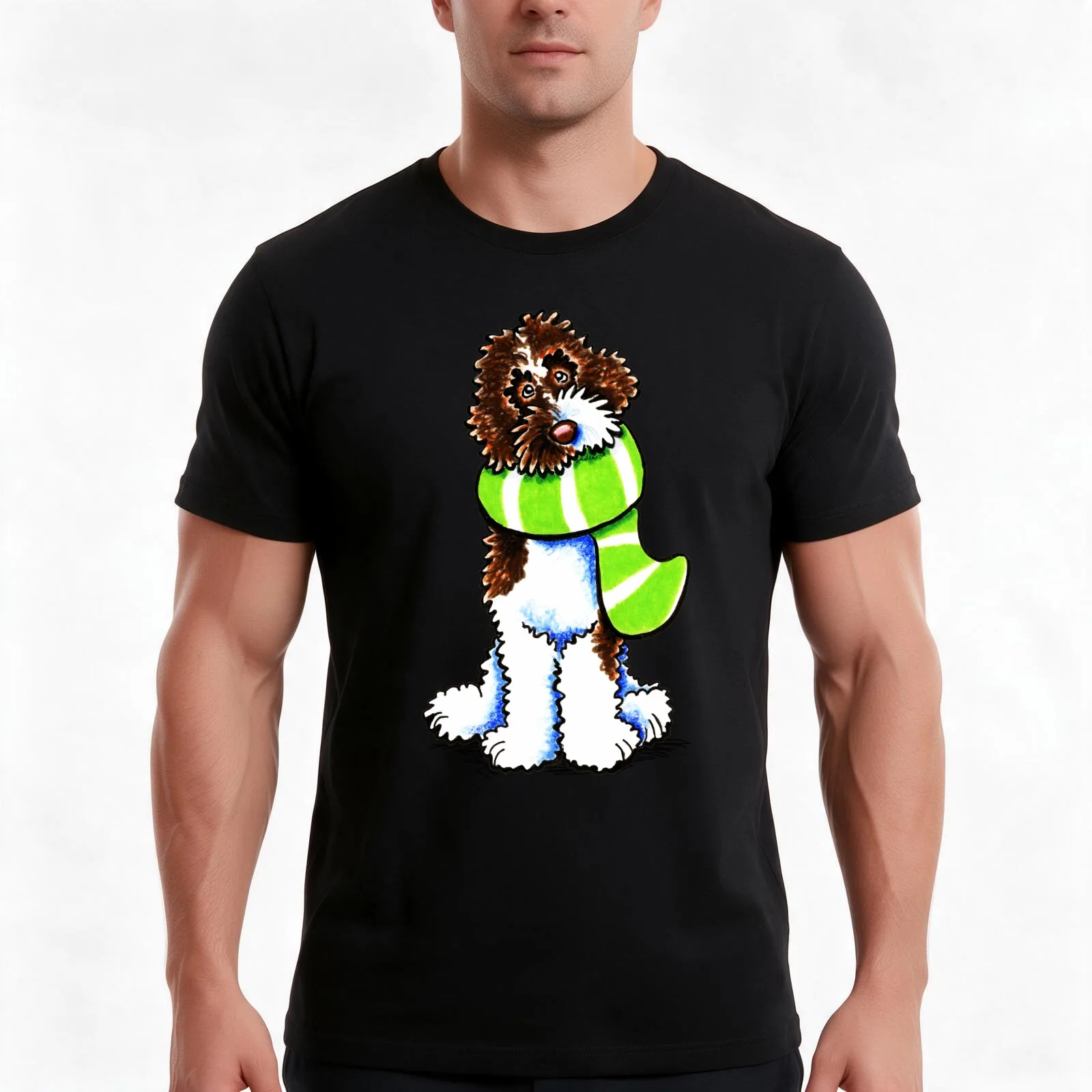 Chocolate Parti Labradoodle Happy Striped Scarf T-Shirt, Summer Casual Cotton Tee, Oversized Streetwear Tops, Unisex Men Women