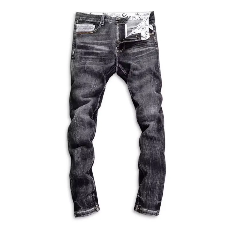 Fashion Designer Men Jeans High Quality Retro Black Gray Stretch Slim Fit Ripped Jeans Men Classical Vintage Denim Pants Hombre