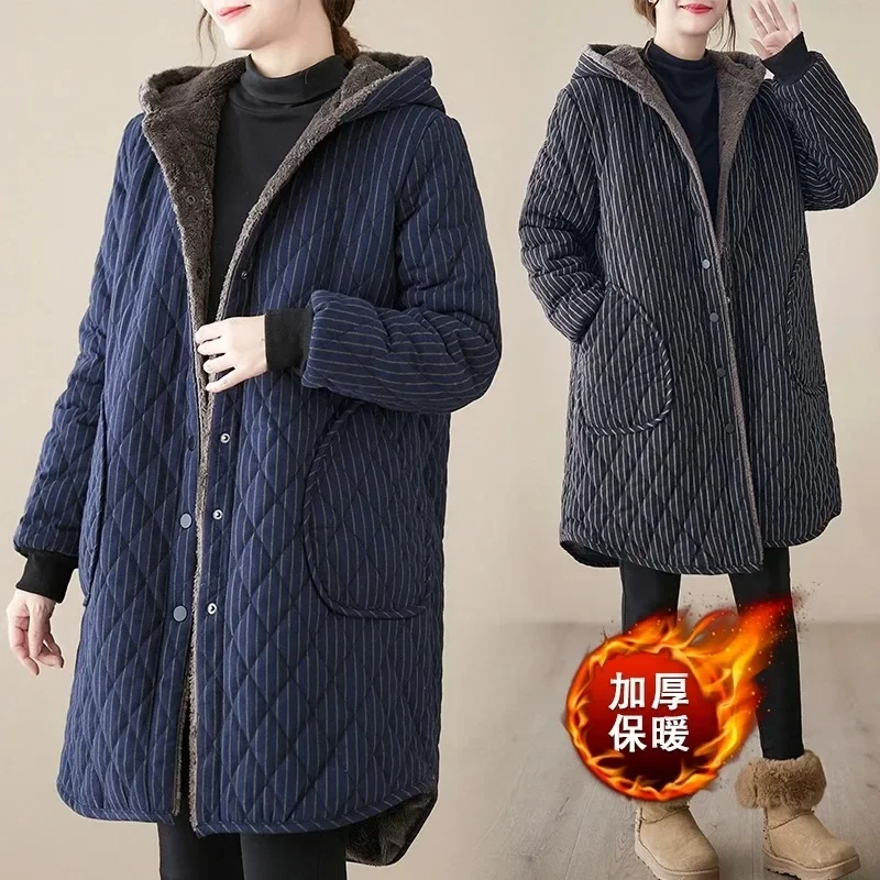 2024 WERF Casual Winter Jackets Stripe Hooded Quilted Thicken Coats Women\'s Clothing Large Size Long Parkas Winter Cotton Coats