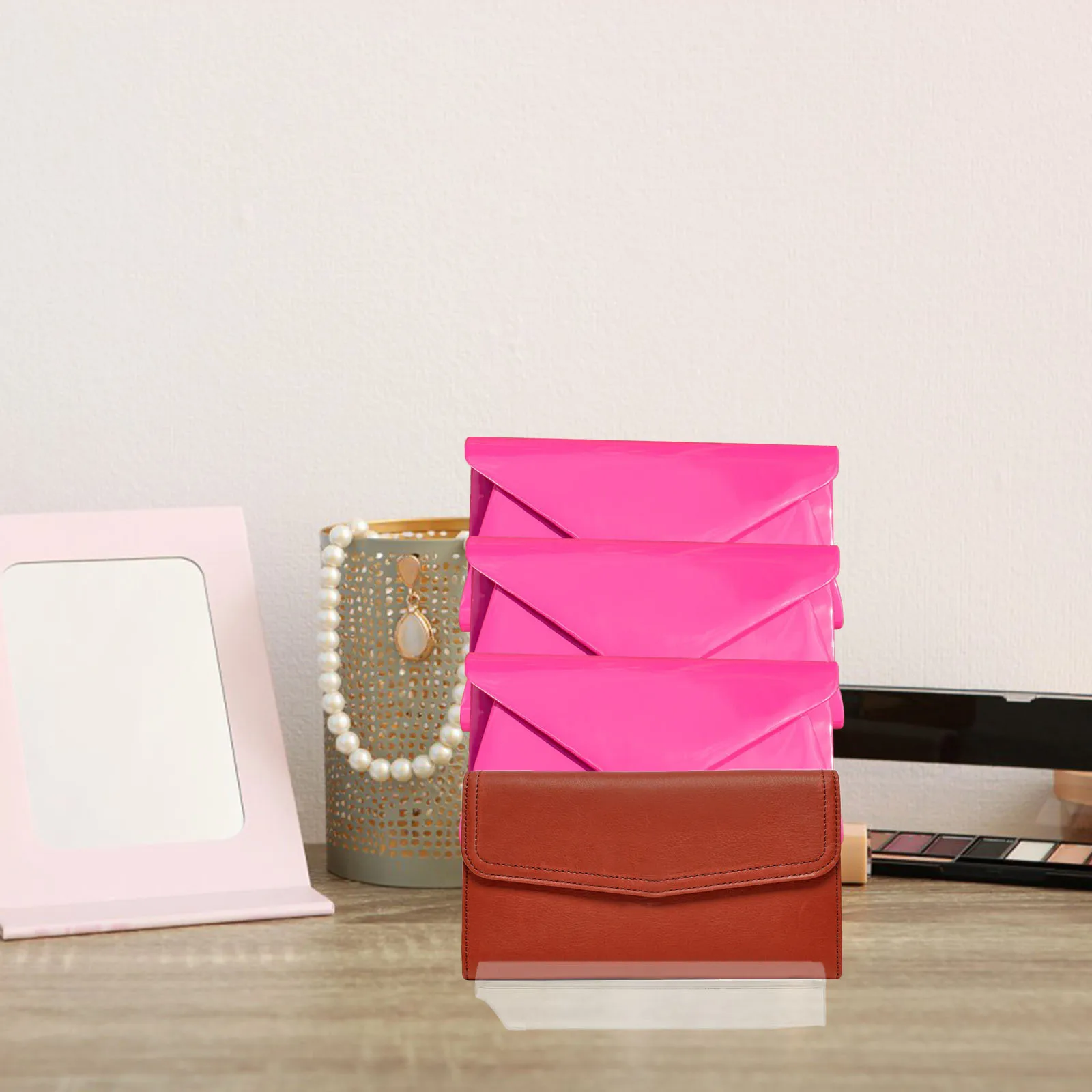 

4-Tier Acrylic Wallet Display Stand Clear Purse Storage Rack Compact Tiered Organizer Home Retail Store Modern Design