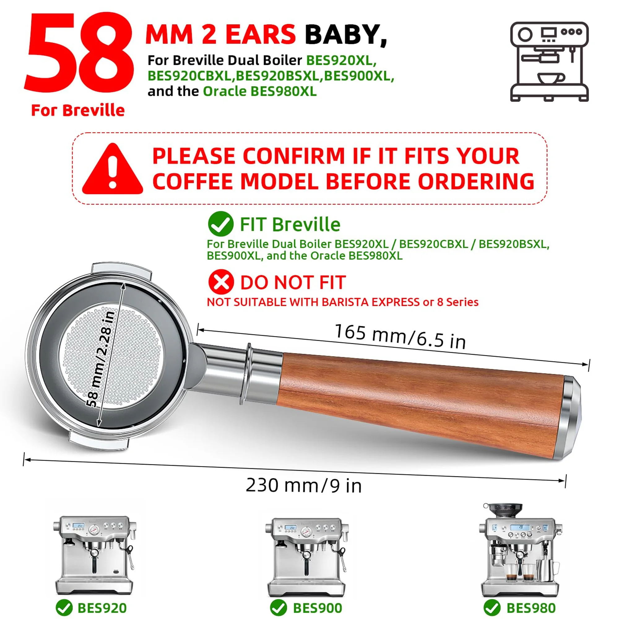 58mm Bottomless Portafilter 2 Ears - Fits Breville Oracle, Oracle Touch, Dual Boiler BES980XL BES990BSS BES920XL-Not for E61