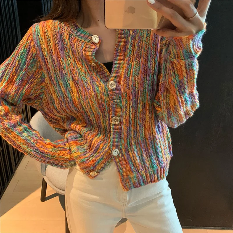 2023 Autumn And Winter New Rainbow Pattern Retro Knitted Sweater Round Neck Floral Yarn Cardigan Women's Jacket