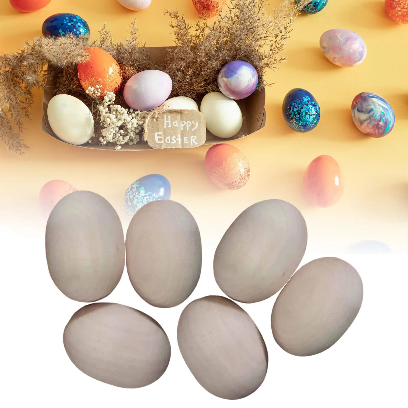 6Pcs Unpainted Wooden Eggs,Smooth Unfinished Craft Wood Shapes Easter Decorations for Crafting Crafts Festival DIY Project