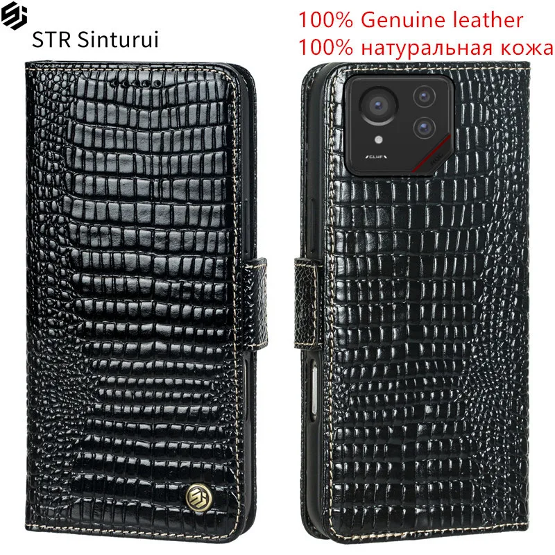 

STR 100% Genuine leather lizard pattern card Slot Wallet Cover For Asus ROG Phone 8 9 Pro FE Flip Fall prevention phone Case