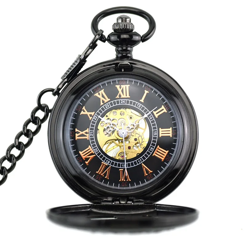 Vintage Classic Steampunk Skeleton Black Alloy Chinses Flying Dragon&Phoenix Mechanical Hand Wind Pocket Watch FOB Chain Clock