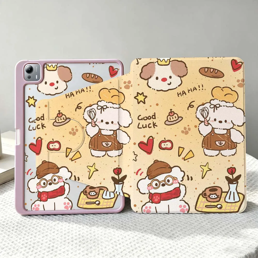 Cute White Dog Pattern Soft For Xiaomi Mi Redmi Poco Pad 8 7 7S 6 6S 5 SE Pro Ultra 360° Rotation Stylus Storage Tablet Case