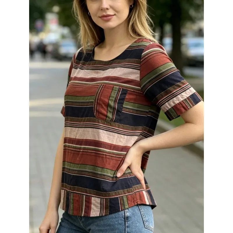 Color Blocking Striped Round Neck Pocket Women's Short Sleeved T-shirt Summer Fashion Casual Loose Fitting Pullover Tops New