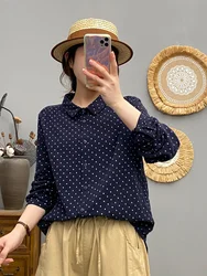 Vintage Polka Dot Print Shirt Women 2025 Autumn Cotton Yarn Long Sleeve Tops Elegant Shirts & Blouses Ladies Office Tops