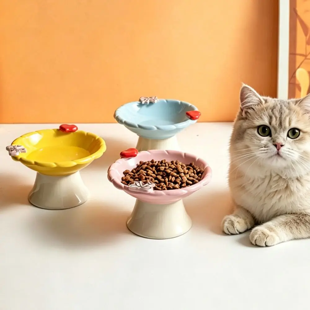 Ceramic Elevated Cat Bowl Cute Anti-Vomiting Pet Food Water Bowl Large Caliber Neck Protection Pet Food Dispenser Wet Dry Food