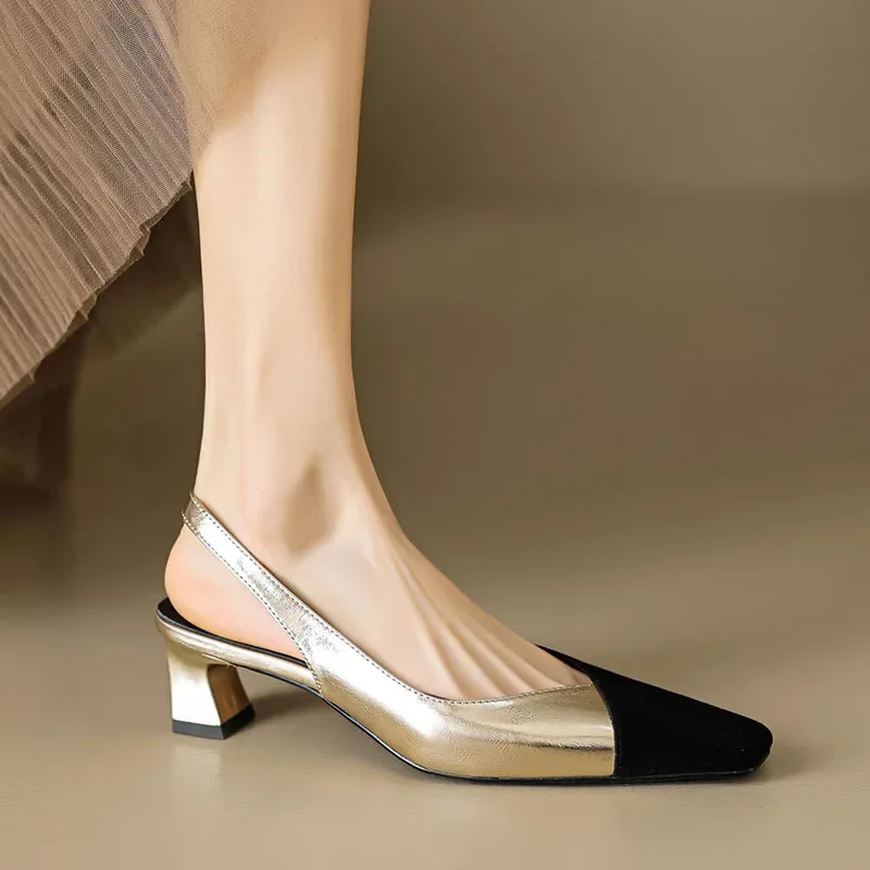 Sandały damskie Square Toe Black Toe Patchwork Pumps Gold Sliver Slingbacks Mid Heels Summer Female Dress Shoes Plus Size 41 1363N