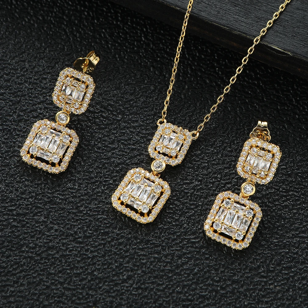 Luxury Sparkling Geometric Hollow Out Square Cubic Zircon Dubai Bridal Necklace Stud Earring Jewelry Sets Summer Party S523