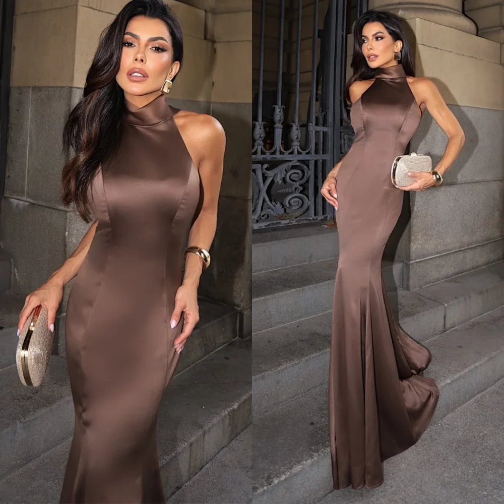

Customized Mermaid Sexy Satin Evening Dresses Fashion Halter Sleeveless Homecoming Dresses Backless Open Back Prom Dress
