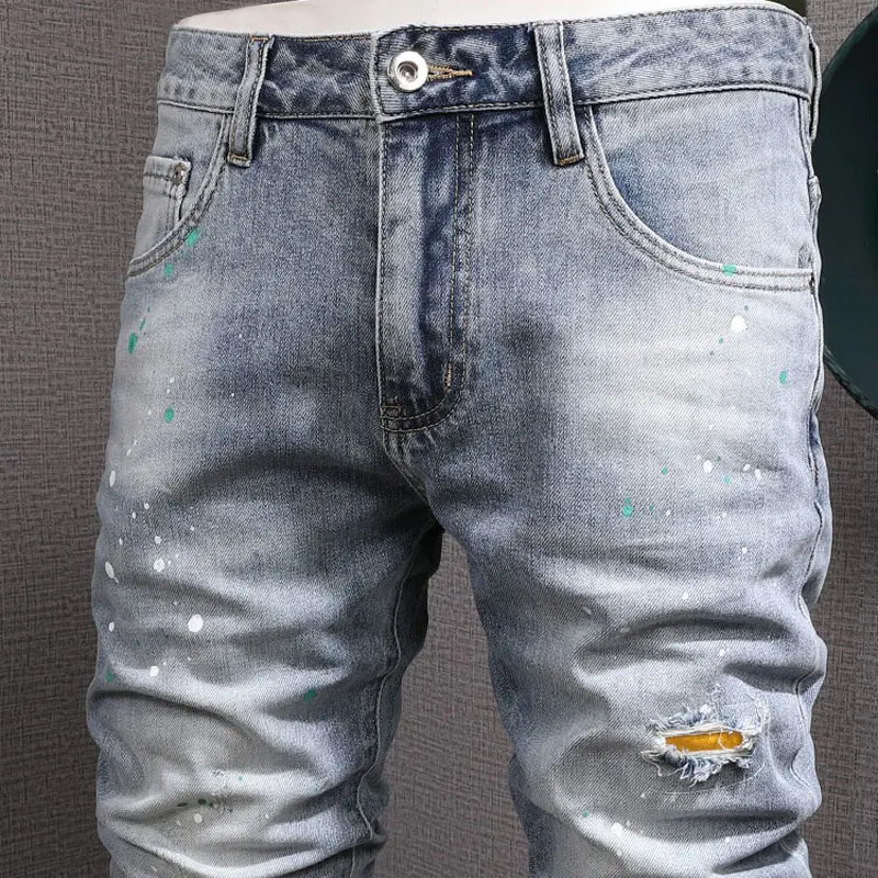 Street Fashion Men Jeans Retro Light Blue Vintage Stretch Skinny Ripped Jeans Men Patched Designer Hip Hop Denim Pants Hombre