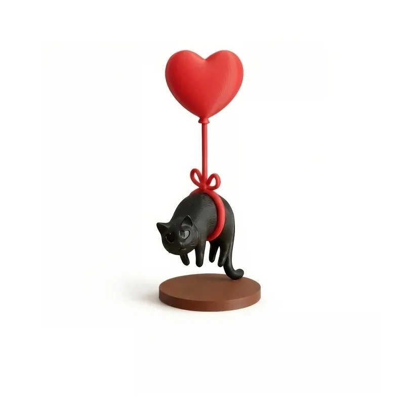 Cute Black Cat & Love Heart Balloon Sculpture Modern 3D Printing Decorative Figurine for Room Desktop Aesthetic Decor