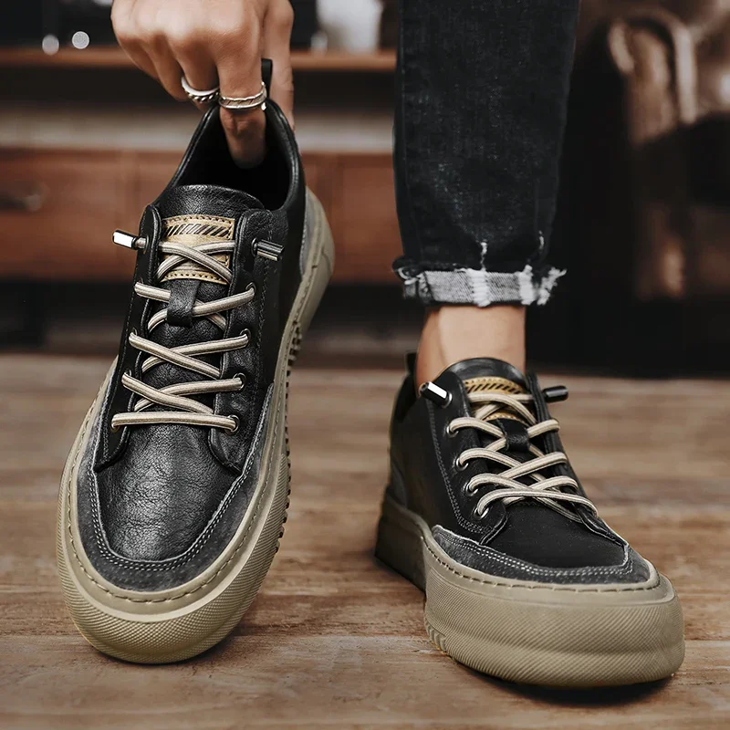 Sapatos de couro casual masculino, tênis respirável, mocassins de skate, tênis com renda, marca de luxo, alta qualidade