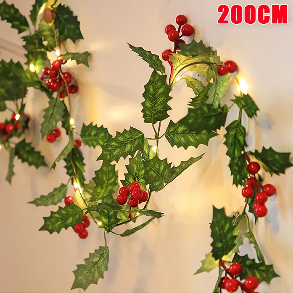 2M Christmas Garland With Light String Artificial Red Berries Holly Leaves DIY Rattan Wreath Ornament Home Xmas New Year Decors