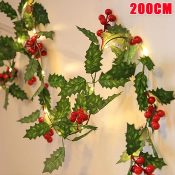 2m guirlanda de natal com corda de luz artificial bagas vermelhas azevinho folhas diy rattan grinalda ornamento casa natal decorações de ano novo