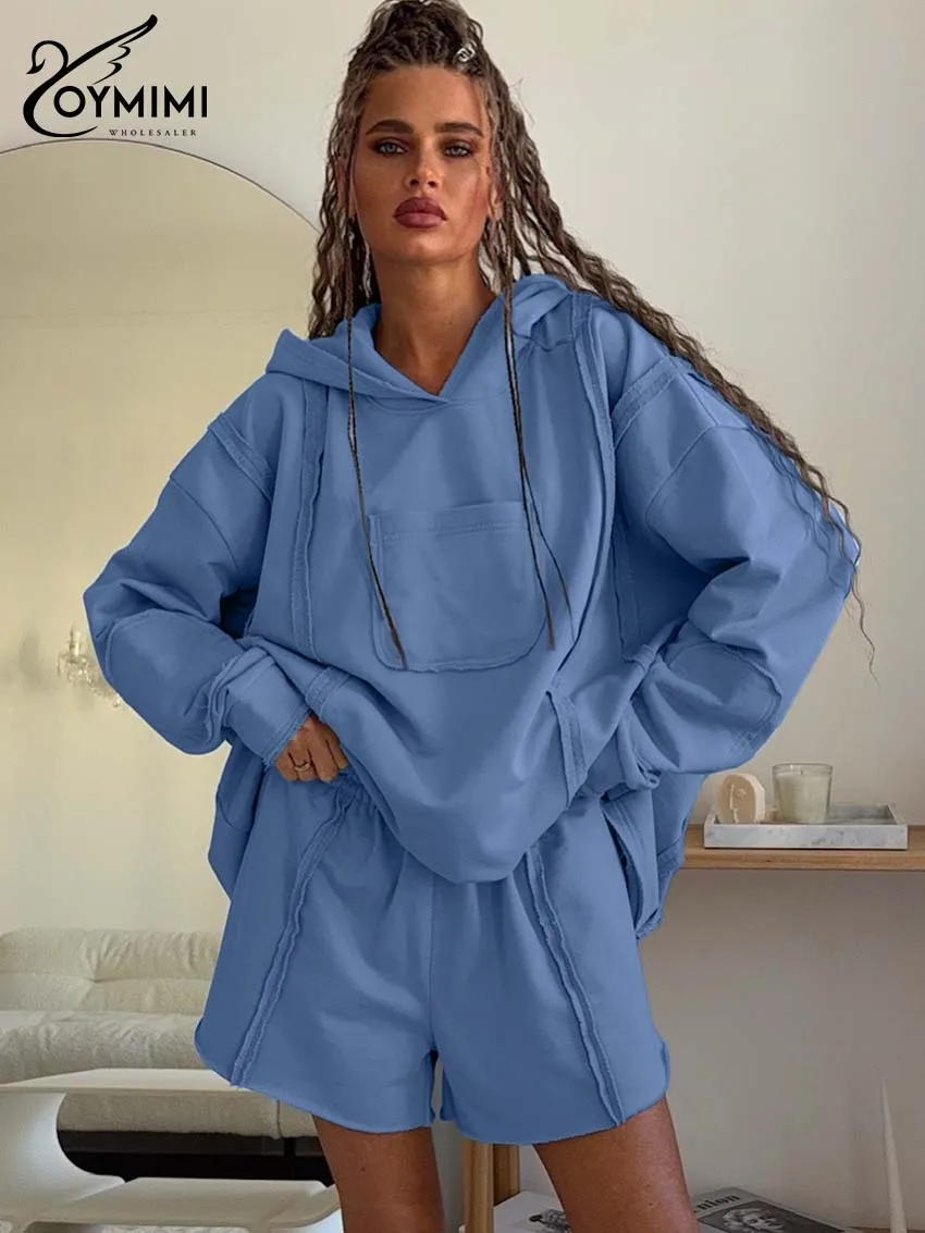 

Oymimi Women's Blue Soft Hoodie 2-Piece Set 2026 Spring Oversize Pocket Drawstring Shorts Cozy Lazy Casual Loungewear Outfit