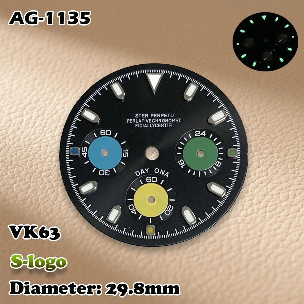 VK63 29,8 mm uurwerken S-Logo Panda Style Dial - Groene lichtgevende C3 herenhorloges Bekijk modificatie accessoires