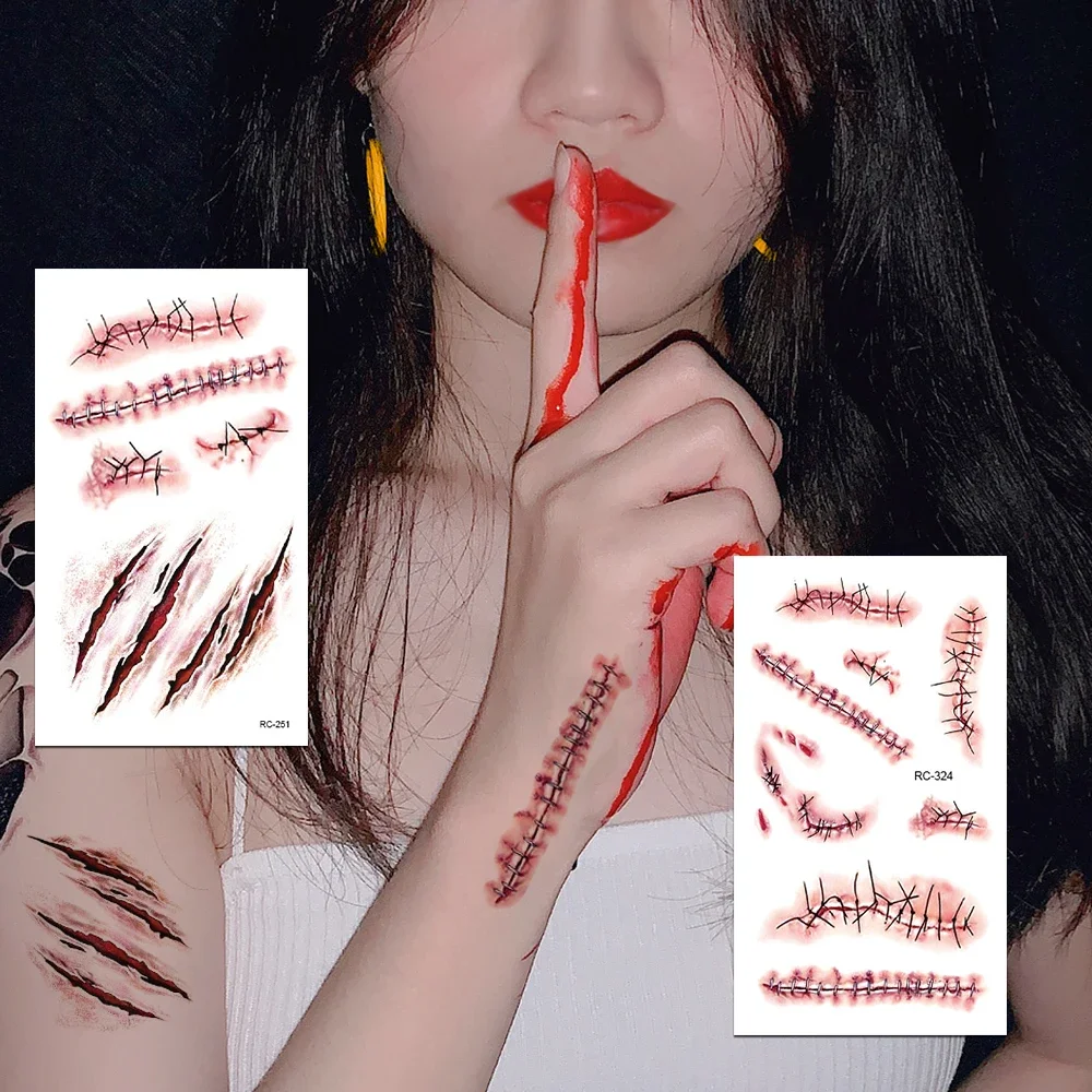 12 Sheets 3D Fake Wound Scar Temporary Tattoos Zombie Stickers for Adults Halloween Cosplay Party Decor