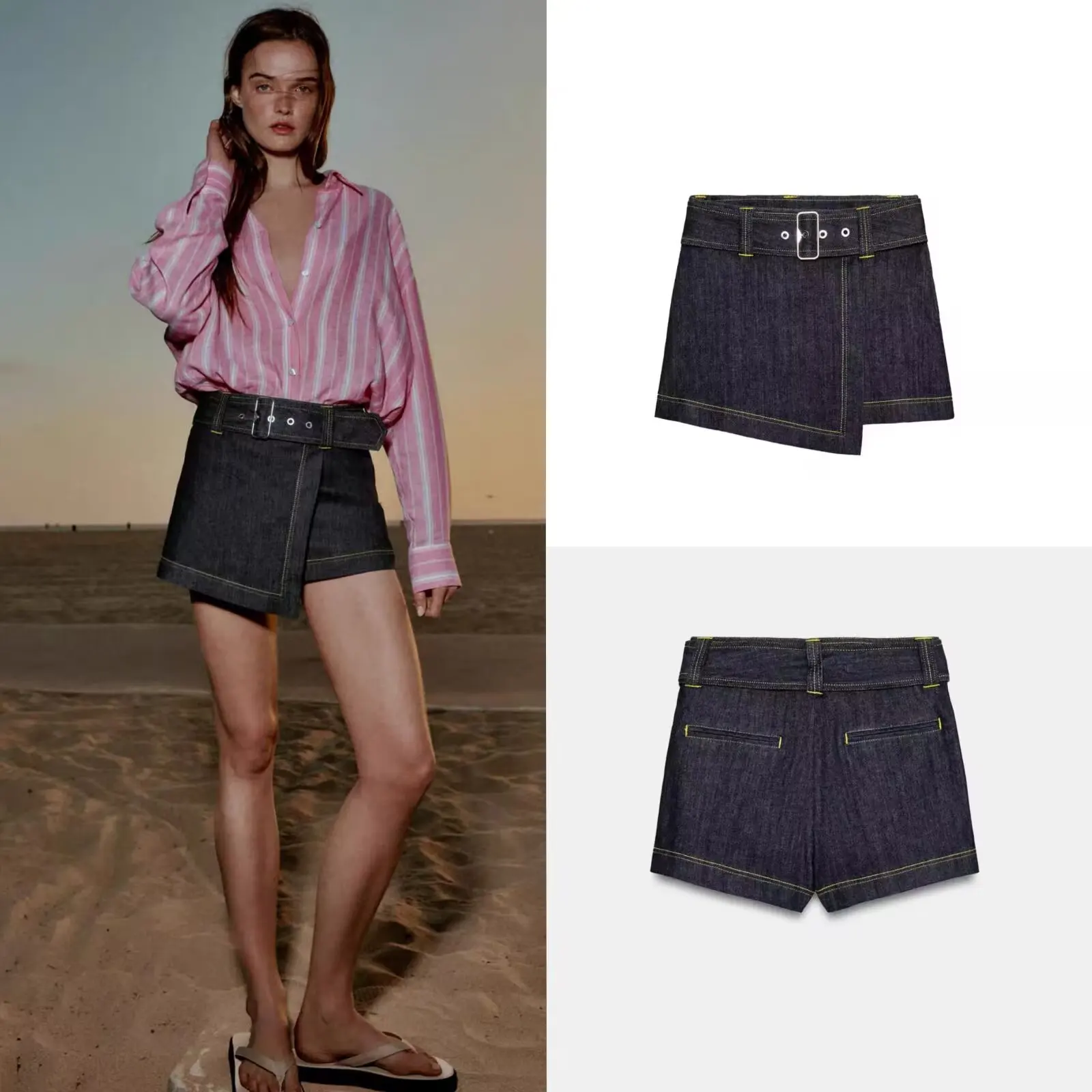Early Autumn New Women's Low Waist Belted Double Breasted Simple Fashionable A-Line Skirt Pants Polyester Fiber Standard Fit