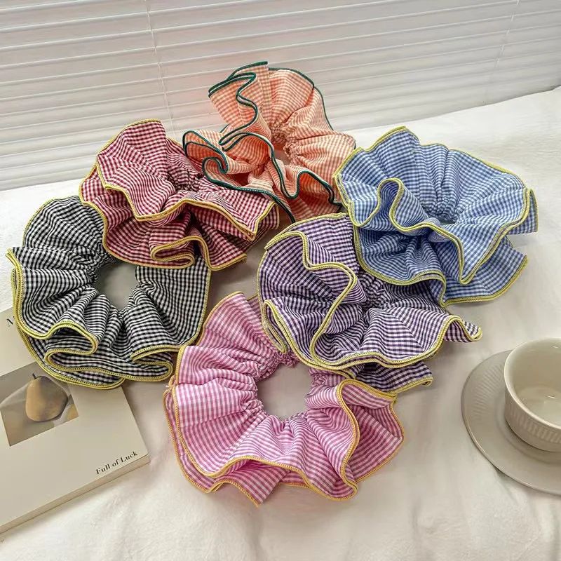 Retro kolorowe krata Ruffles gumki do włosów opaski dla kobiet dziewczynki słodki romans gumka do włosów gumka akcesoria do włosów
