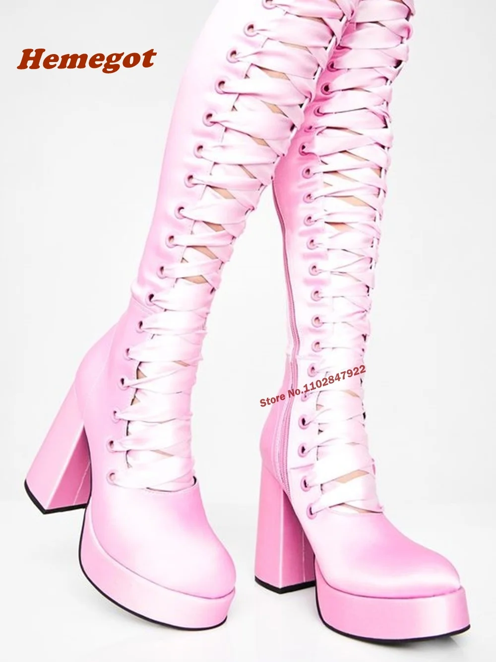 Spicy Girls Platform Sandal Boots Pink Satin Round Toe Chunky Heels Lace Up Cross-Tied Women's Shoes Over-The-Knee Boots Sexy