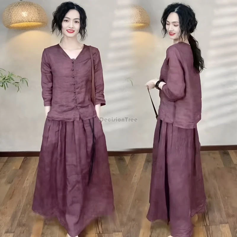 

2024 chinese retro casual cotton and linen tang suit set women's summer new v-neck button top loose skirt fashion two-piece set