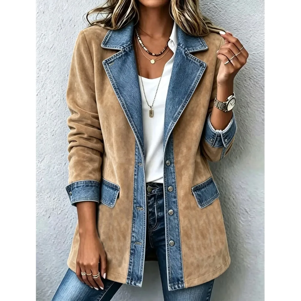 New Autumn Faux-suede Fabric Women's Coat Stylish Elegant Fitted Long Sleeved Denim Blue Patchwork Female Office Jacket Coat2026