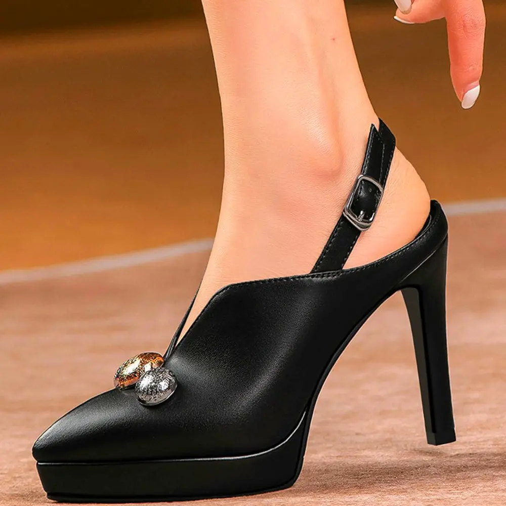 

Punk Goth Platform Pumps Women's Genuine Leather Pointed Toe Sandals Slim High Heels Slingback Summer Ankle Boots