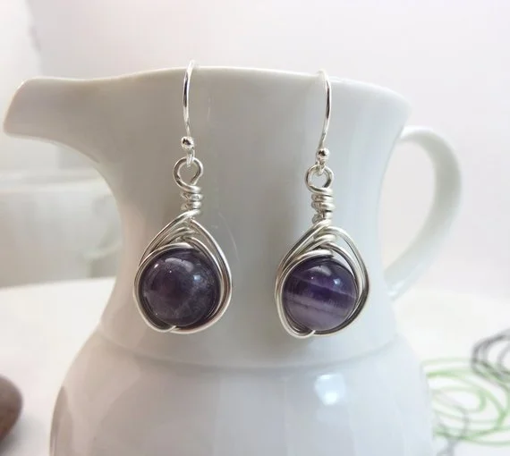 Purple amethyst earrings sterling silver wire wrapped gemstone February birthstone herringbone