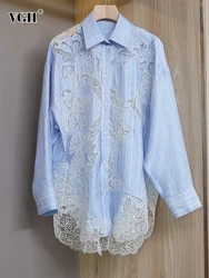 VGH-camisa informal de encaje de retazos a rayas para mujer, blusa holgada de manga larga con solapa empalmada de un solo pecho, ropa femenina nueva