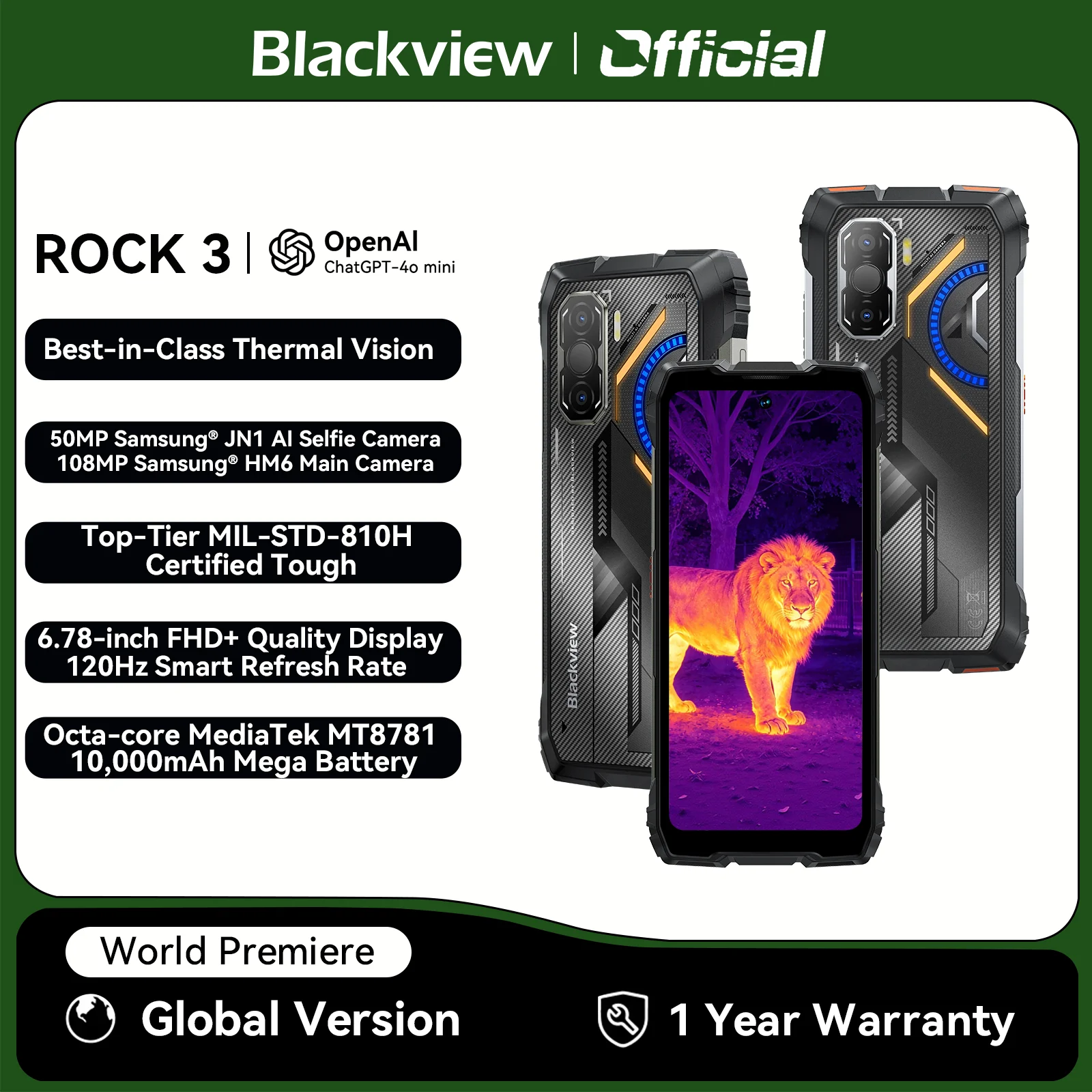 Blackview ROCK 3 Rugged Smartphone Android 15 6.78'' 2.4K Display Ultra-long Standby Time 10000mAh Thermal Imaging Backed by FLI
