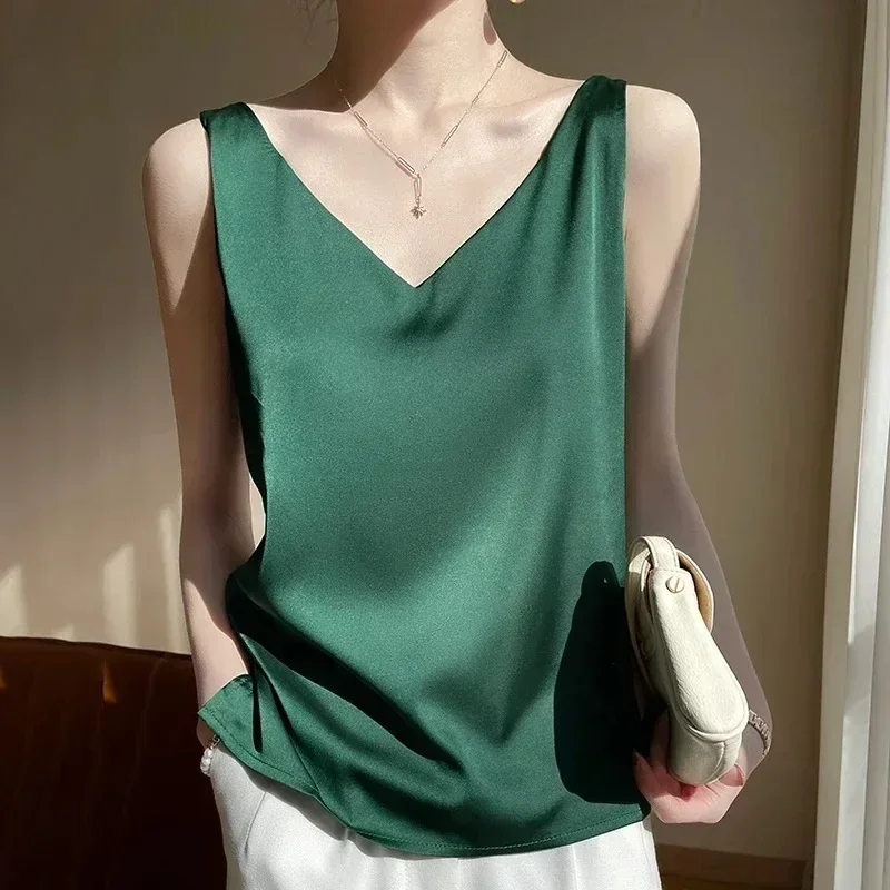 V-Neck Silk Vest Women's Summer Short-Sleeved Blouse with Acetic Acid Satin Top Sleeveless Bottoming Shirt