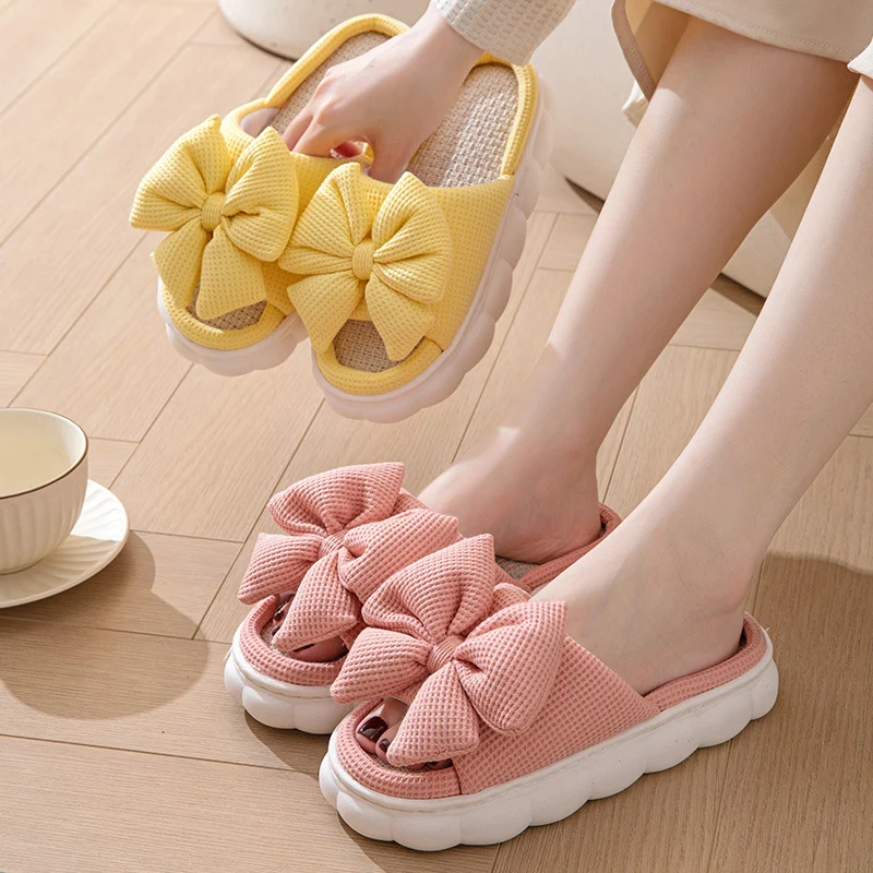 Women Indoor Home Leisure Linen Slippers Thick Sole Korean Bedroom Ladies Slides Autumn Sweet Bow Soft Bottom Cotton Slippers