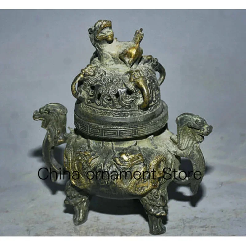 Antique Signature Old Bronze Statue Dragon Lion Lucky Incense Burner Censor