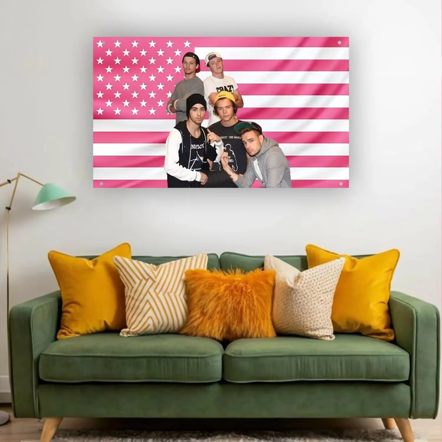 One Direction Pink Aesthetic Flag Tapestry, Vintage Boy Band Wall Hanging Y2K Pop Music Decor for Bedroom Dorm Room Gift