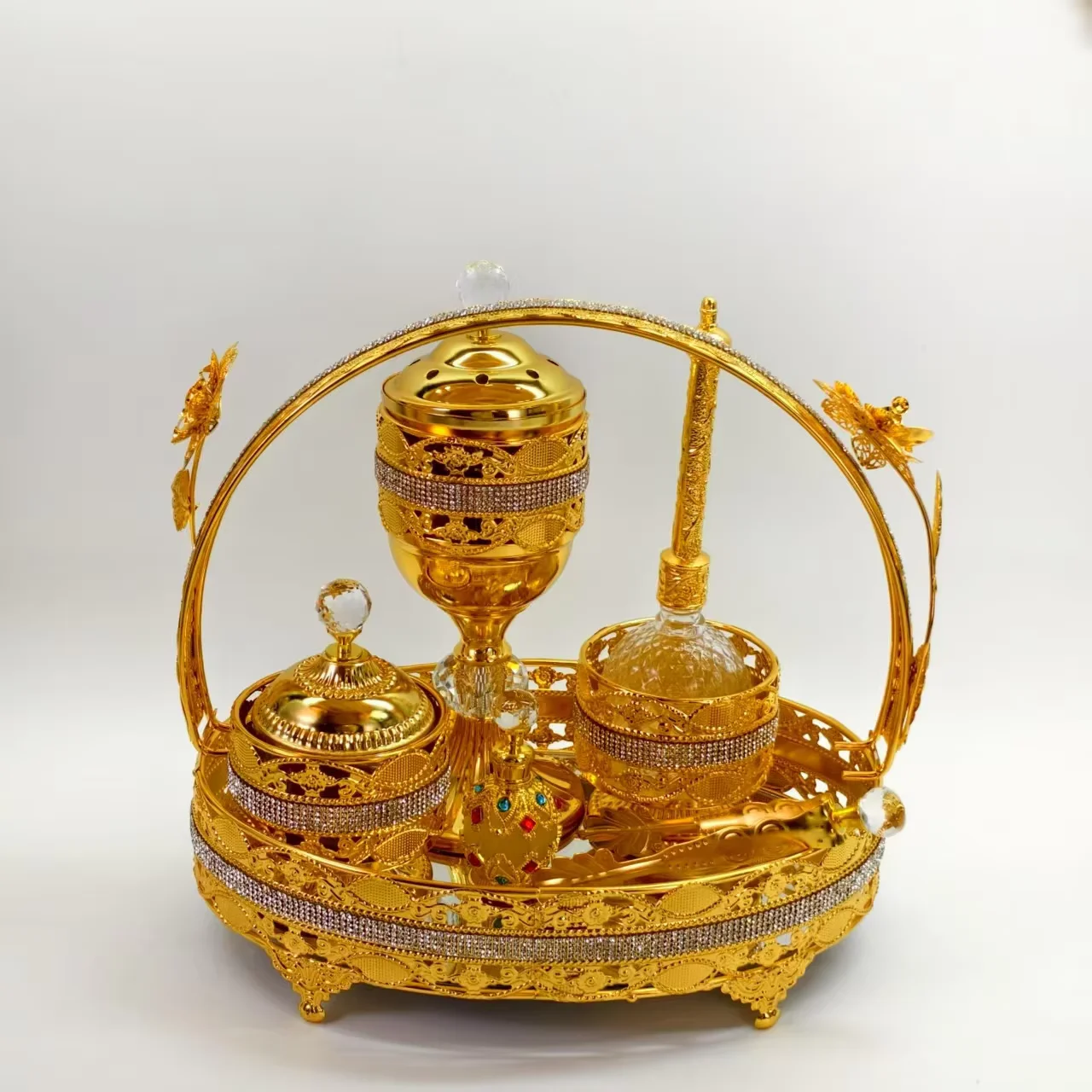 

Golden Iron Aromatherapy Stove Set Arabic Incensory Decorative Ornaments For Middle Eastern Party Wedding Props Bakhoor