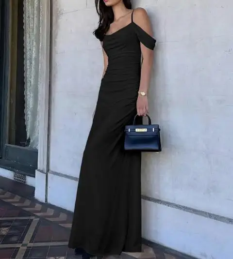 

2026 New Women's Fashionable and Sexy Backless Side Pleated Solid Color Suspender Party Evening Dress Female Clothing