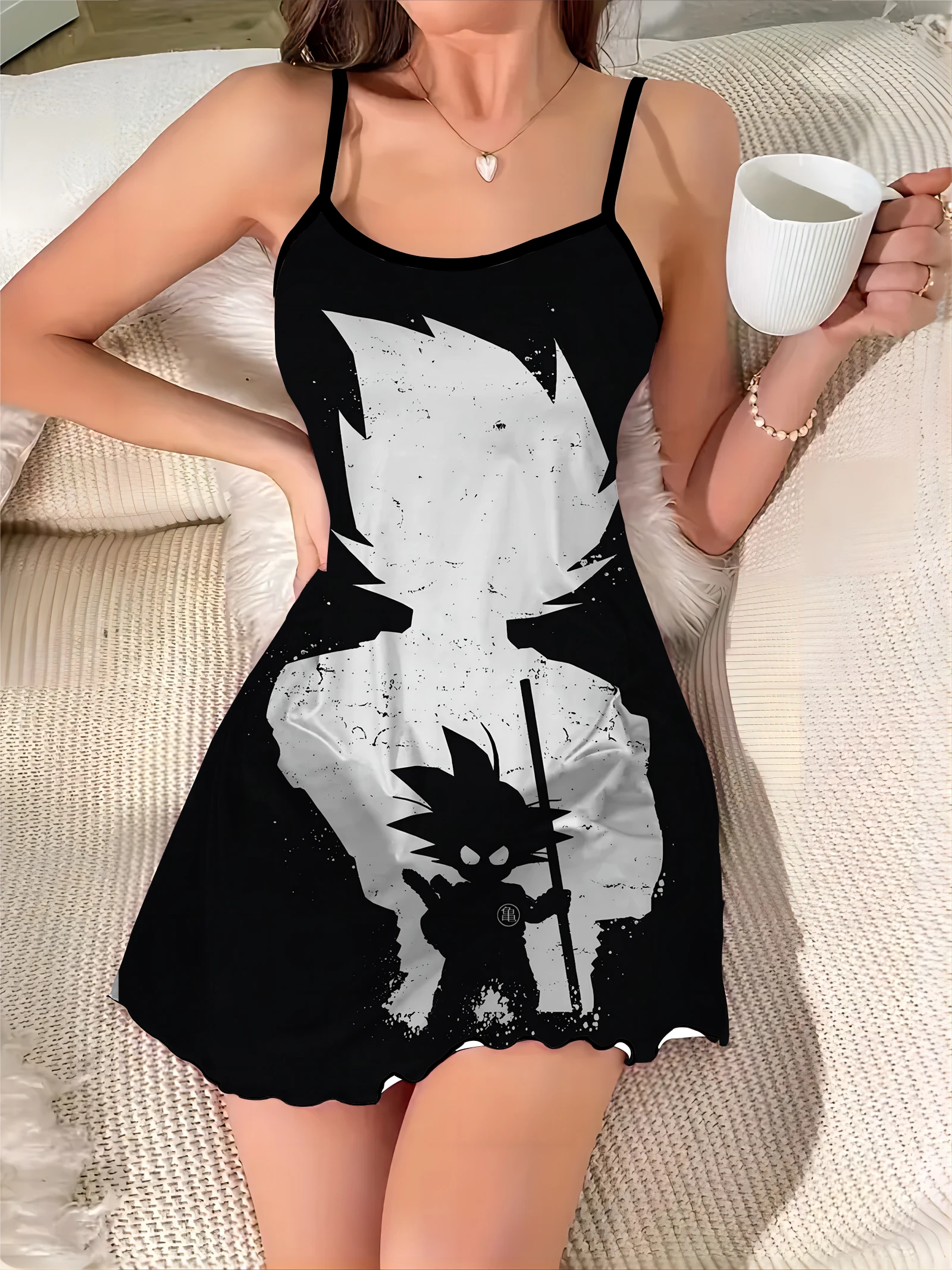 Satin Surface Vegeta Sexy Dress Dragon Ball Son Goku Crew Neck Elegant Dresses for Women Lettuce Trim Fashion Summer 2024 Chic