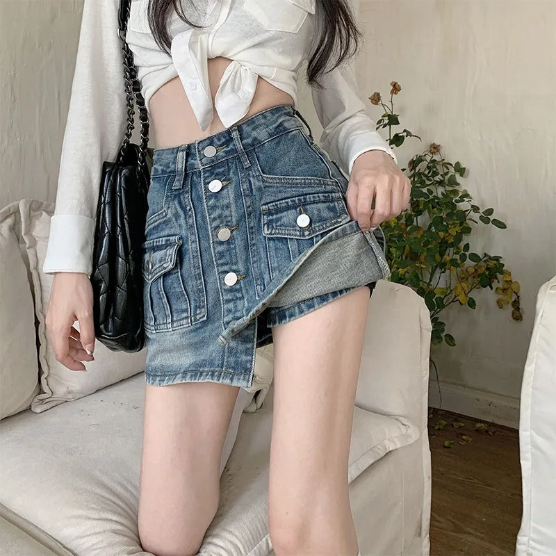 여성용 레트로 디자인 하이 웨이스트 슬릿 데님 스커트, 여름 Plp 사이즈 통통한 소녀, 슬리밍 A 라인, 엉덩이를 감싸는 짧은 치마바지