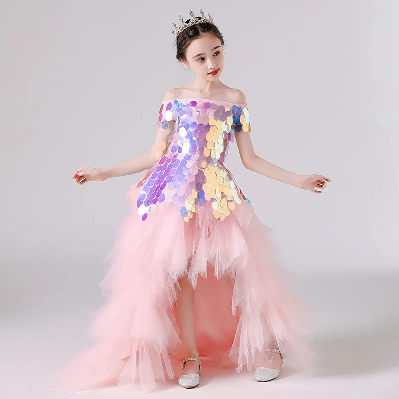 Children Princess Party Pink Sequins Dress Elegant Luxury Long Evening Gowns for Little Girls Formal Pageant Wedding Dresses Kid