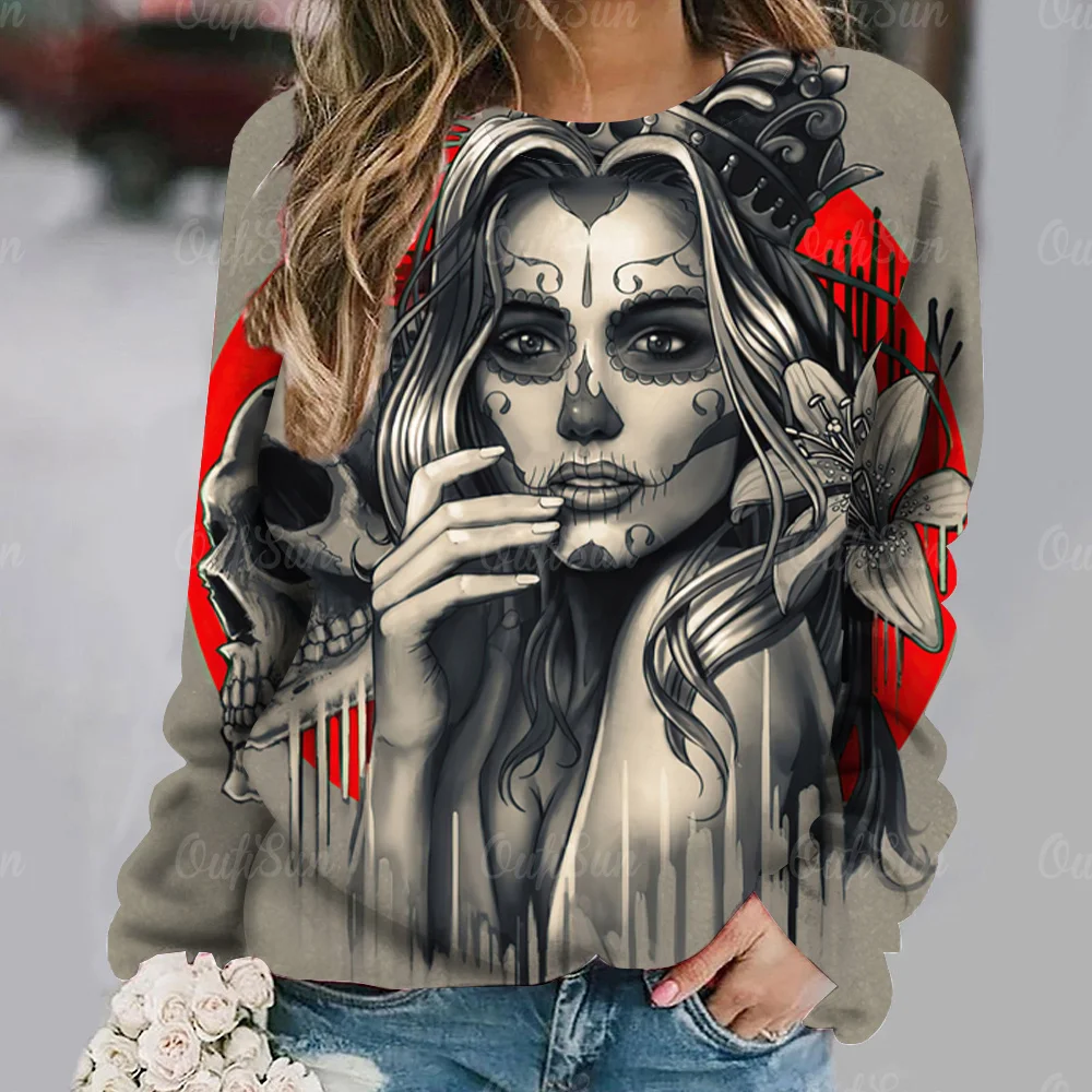 Vintage Skull Cotton T-shirt For Women Y2k Print Harajuku Long Sleeve Tops Autumn O Neck Oversized Sweater Female Casual Clothes