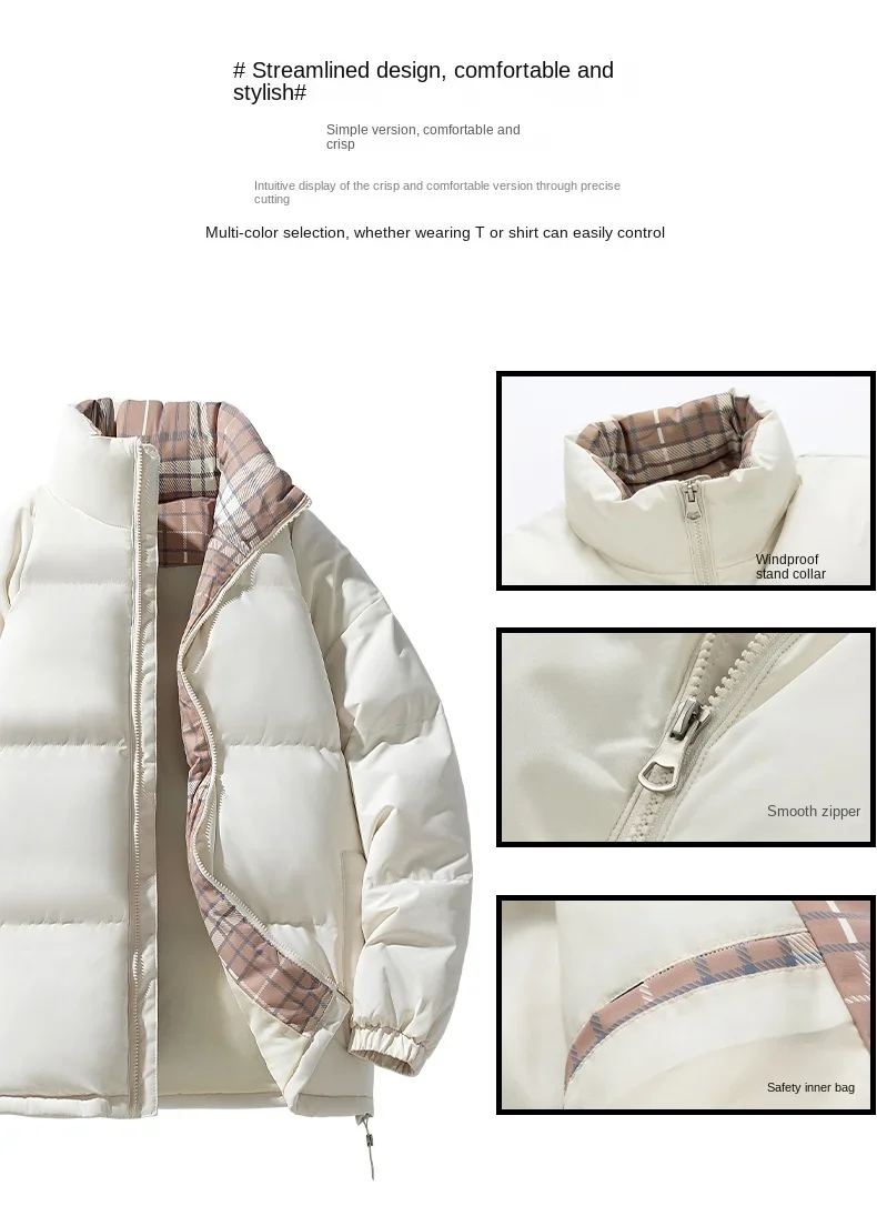 Youth Winter Sports Cotton Jacket Casual Outdoor Trend Grid Design Stand Up Collar Jacket Lined with White Duck Down Down Jacket