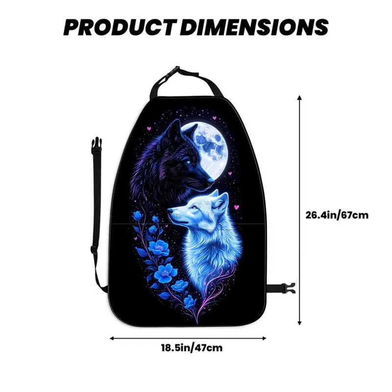 Car Seat Back Covers, Two Wolves Moon Floral Print, Mystical Fantasy Style For Car Interior